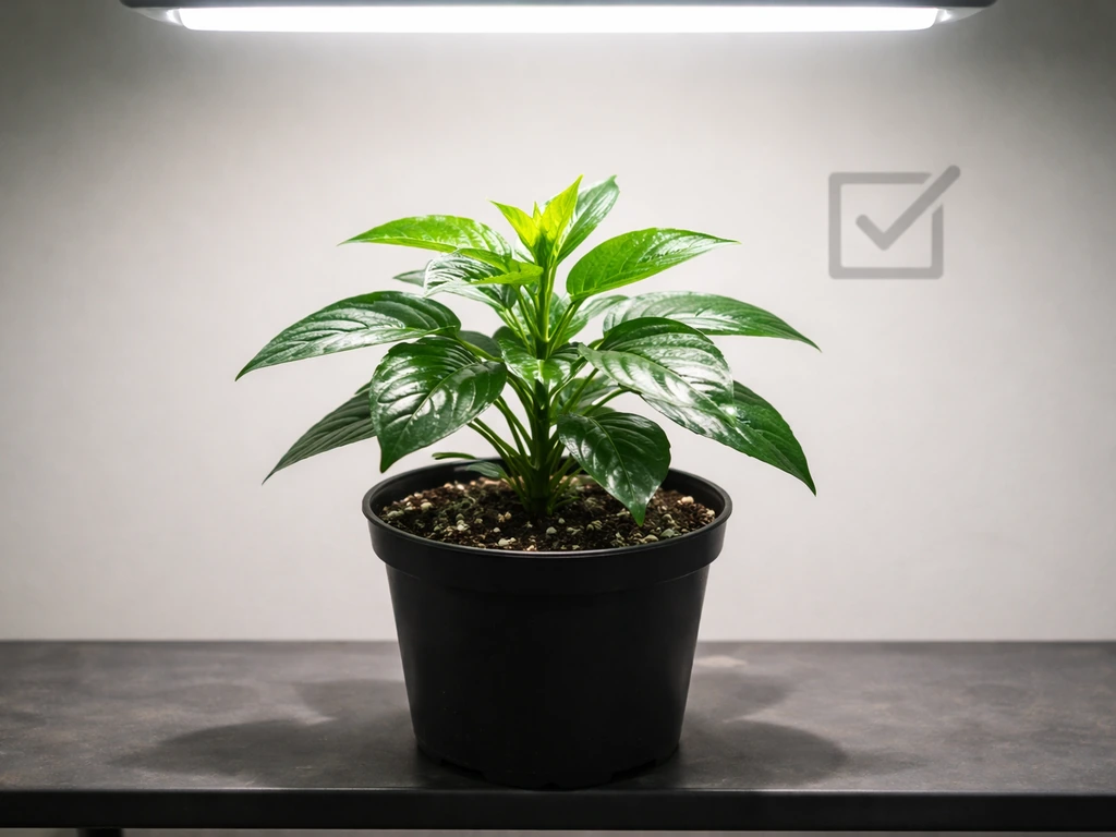 Healthy potted plant under bright grow lights with a subtle checked evidence icon vibe, minimal background.