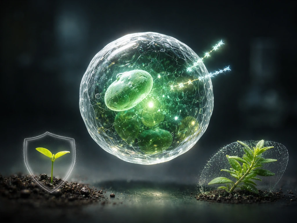 Macro view of a plant-cell concept with subtle gene insertion cues and two trait visuals, no text.