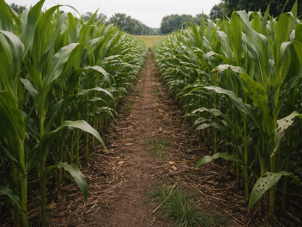 Two adjacent maize rows in a field: similar height, with different levels of insect leaf damage.