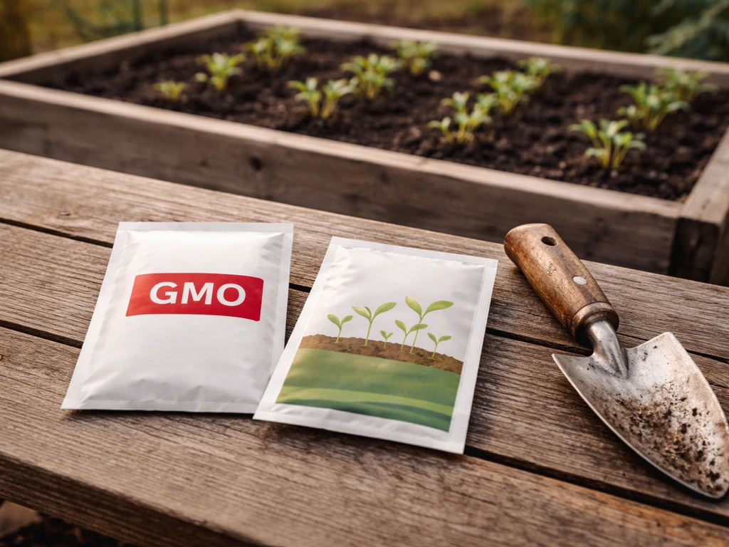 Seed packets labeled GMO beside a small raised bed with young seedlings on a wooden garden table.