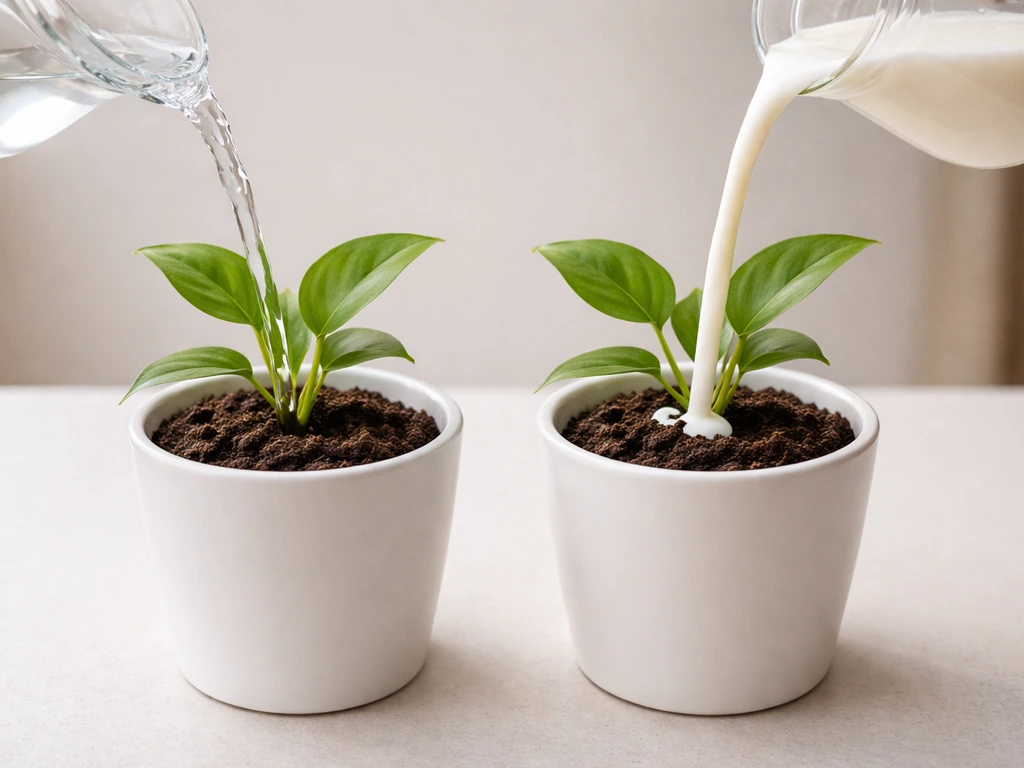 A green plant in two pots, water poured into one and milk poured into the other for comparison.
