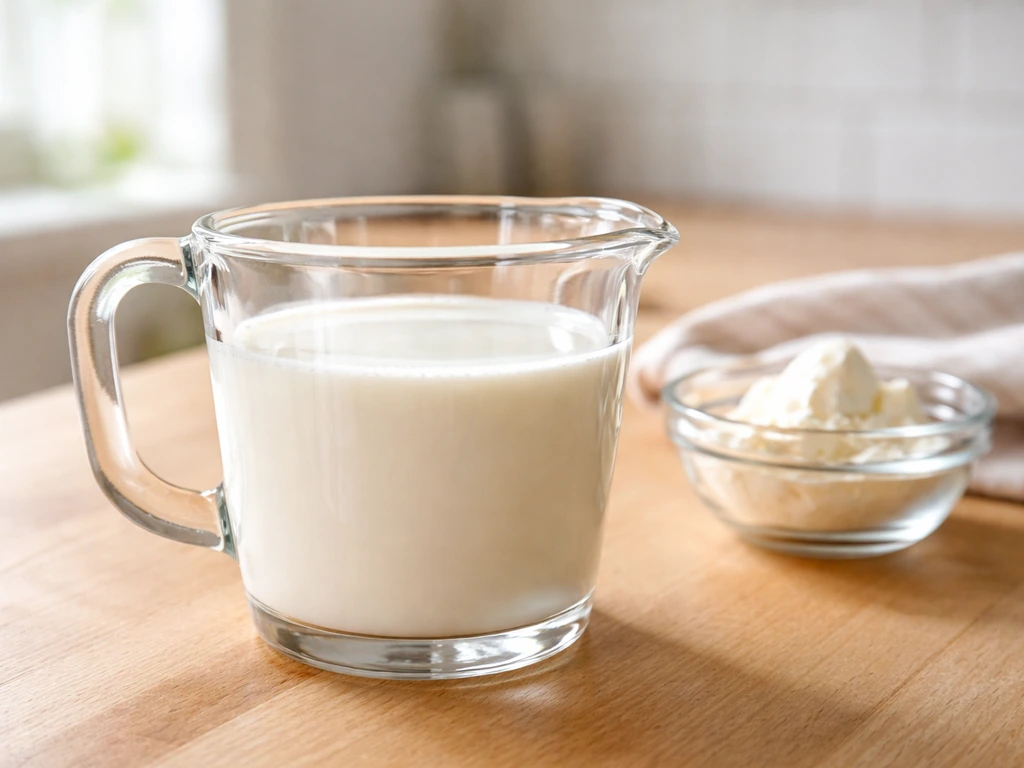 Close-up of a glass measuring cup of milk beside a small bowl of dairy ingredients in a bright kitchen.