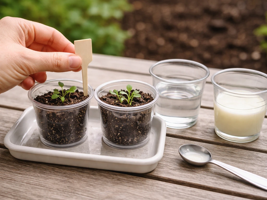 Small pots with seedlings, water and diluted skim milk in measuring cups on a patio table.