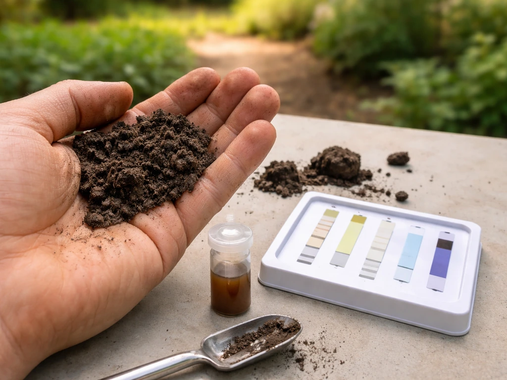 Gardener hand holding soil sample next to a simple soil test kit outdoors, showing strips and vial.