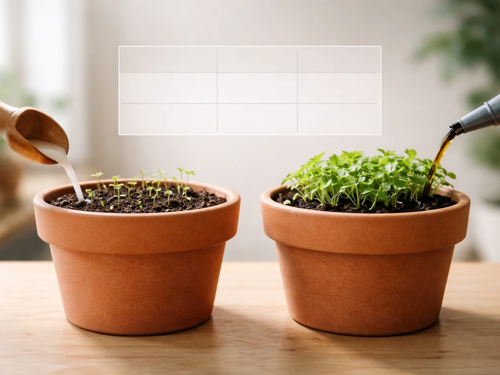 Two terracotta plant pots side by side, with milk-like liquid watering one and dark amendment watering the other.