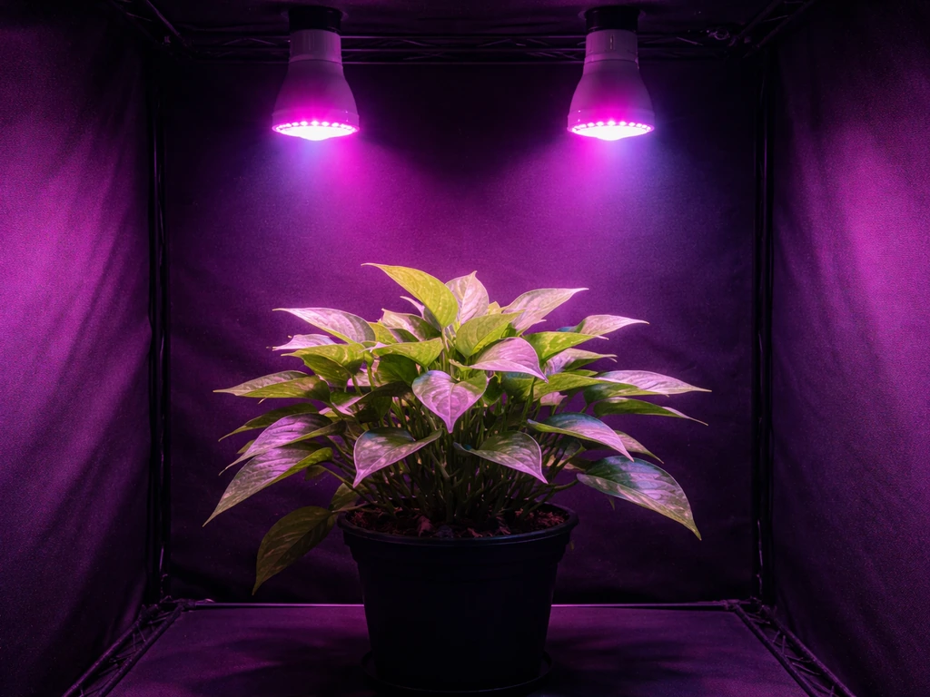 Compact indoor grow setup showing pink and blue LED glow over leafy plant canopy.