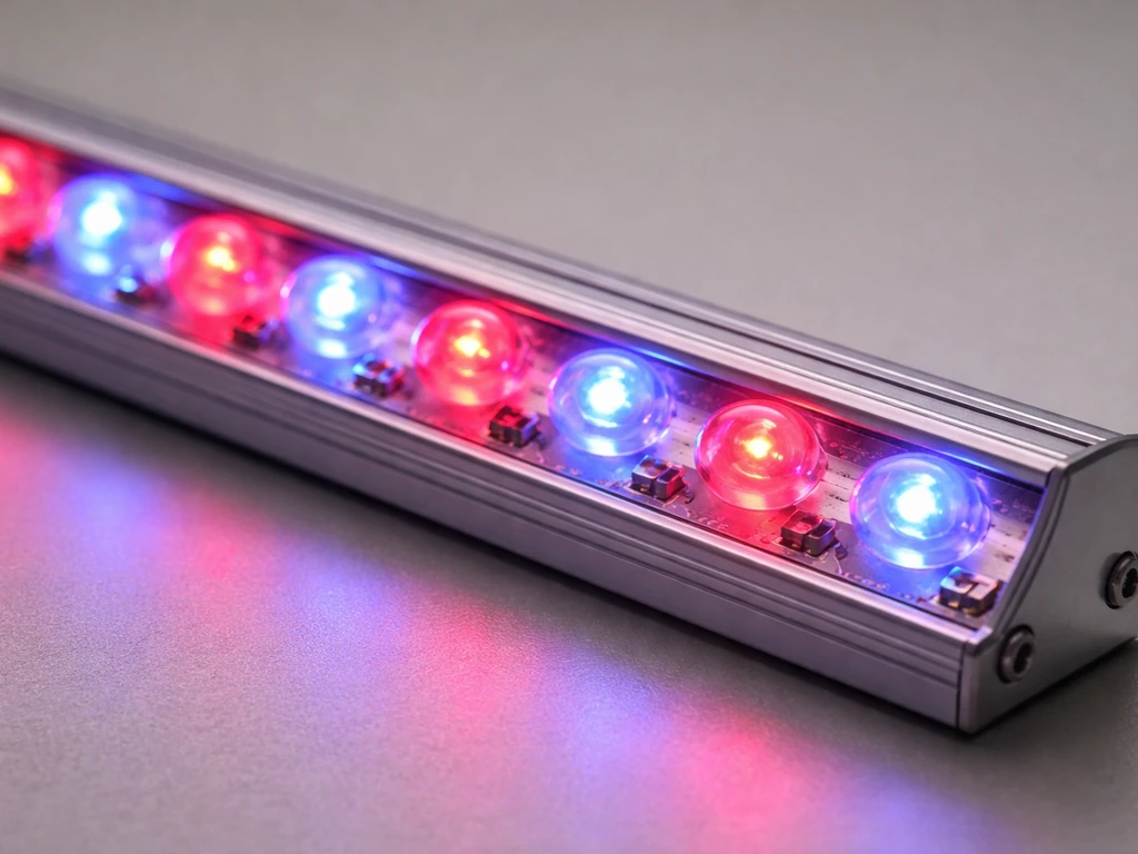 Close-up of pinkish LED grow light diodes showing red and blue emitters in a minimal setup.