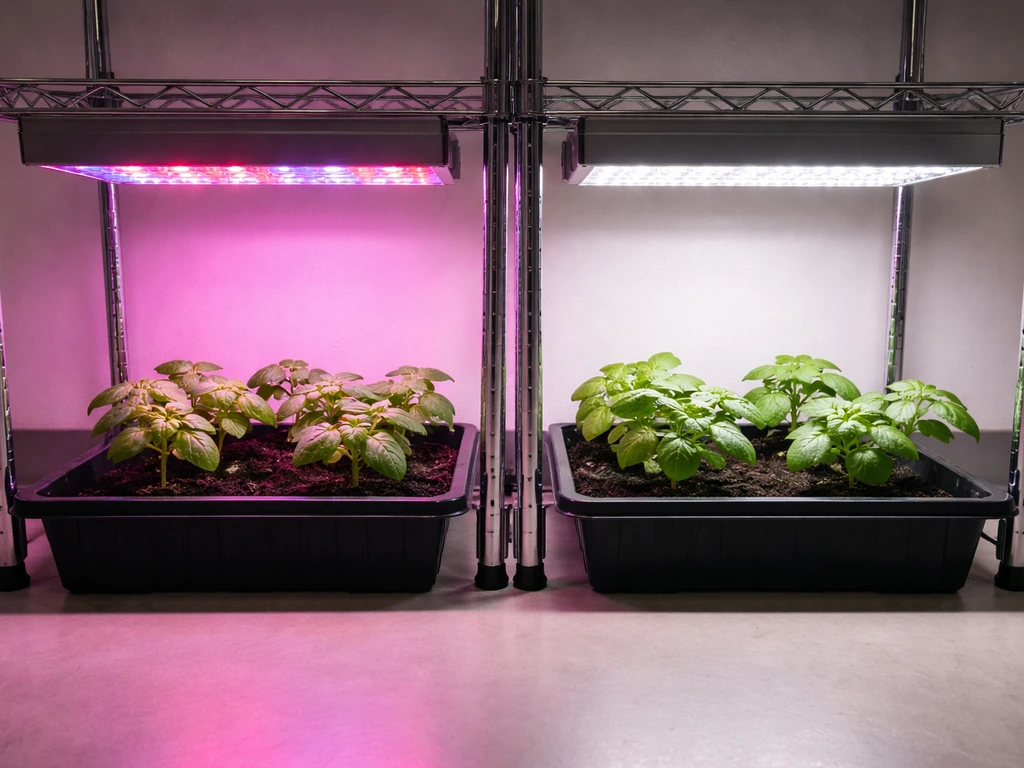 Minimal grow trial setup with two LED panels over separate plants, comparing pink/red+blue vs full-spectrum white.