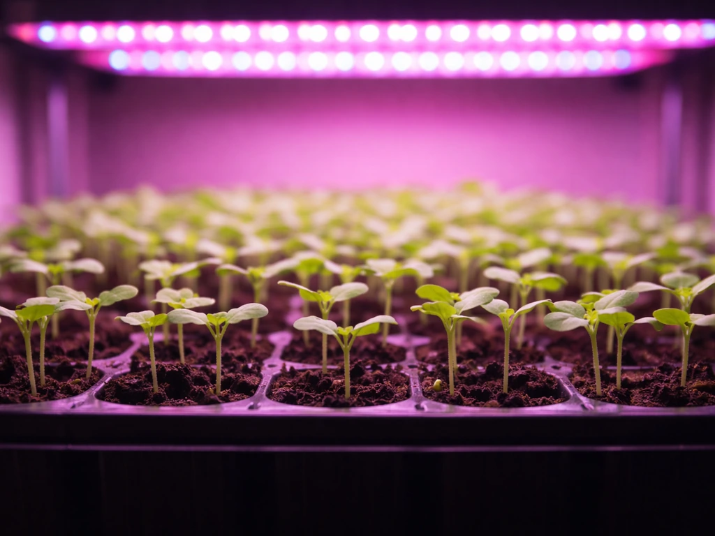 Green seedlings with early leaves in a tray under pink/red+blue LED grow lights.