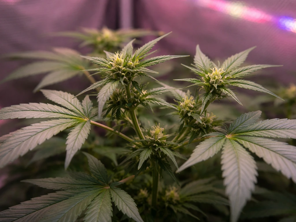 Pink/red-blue LED-lit plant canopy with buds and new branching, minimal greenhouse-like setting.