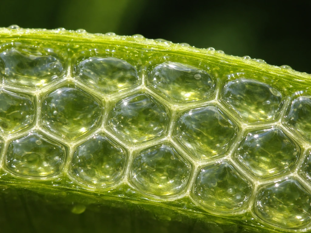 Macro photo of water-filled plant cells, translucent turgid tissue supporting hydration-driven growth.