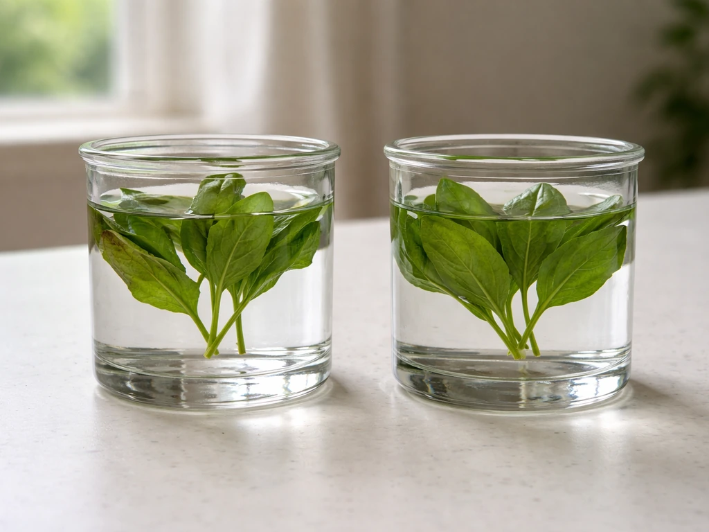 Two small water containers with leaves submerged—one shows browning edges, the other stays greener.