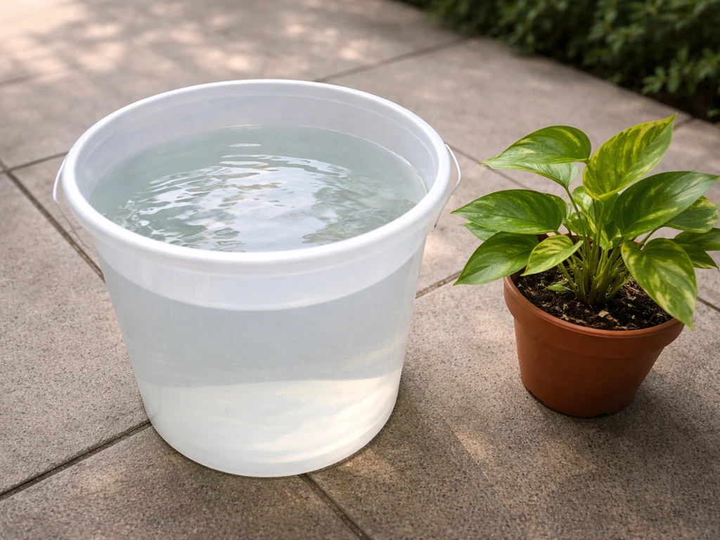Uncovered bucket of tap water outdoors beside a potted plant, ready to sit and dechlorinate
