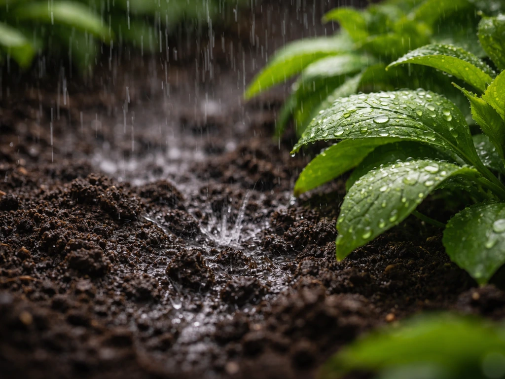 Rain falling on healthy garden soil and green leaves, with water droplets and fresh growth.