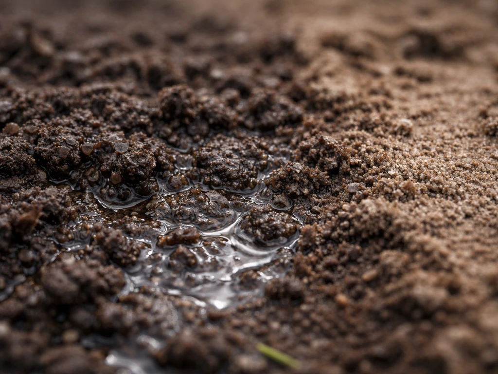Close-up of damp soil pores after rain with clumpy aggregates beside a drier crust edge