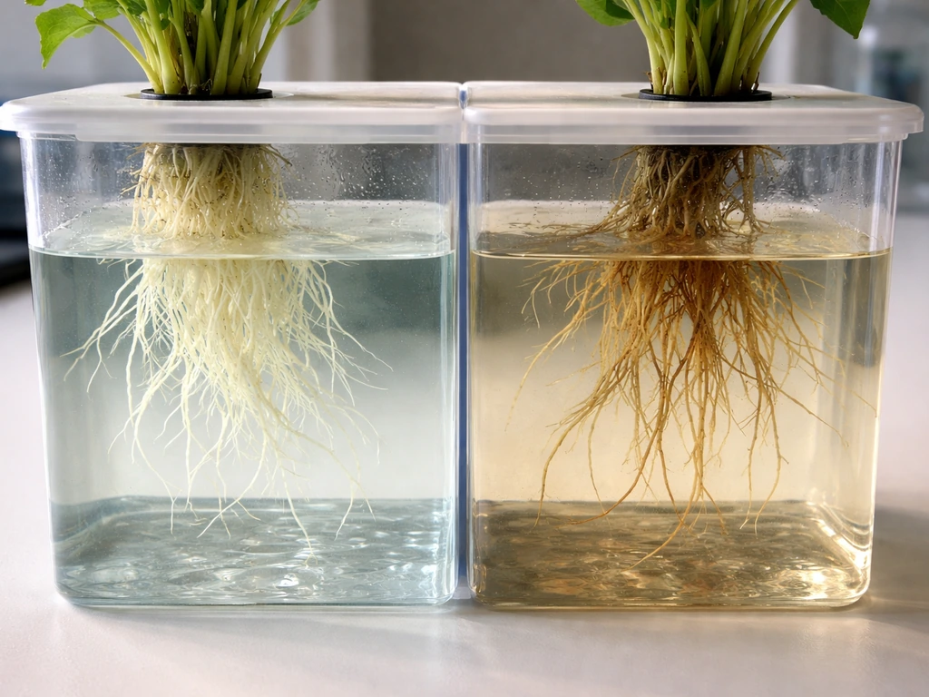 Two clear containers side-by-side showing plant roots in cooler oxygenated water vs warmer low-oxygen water.