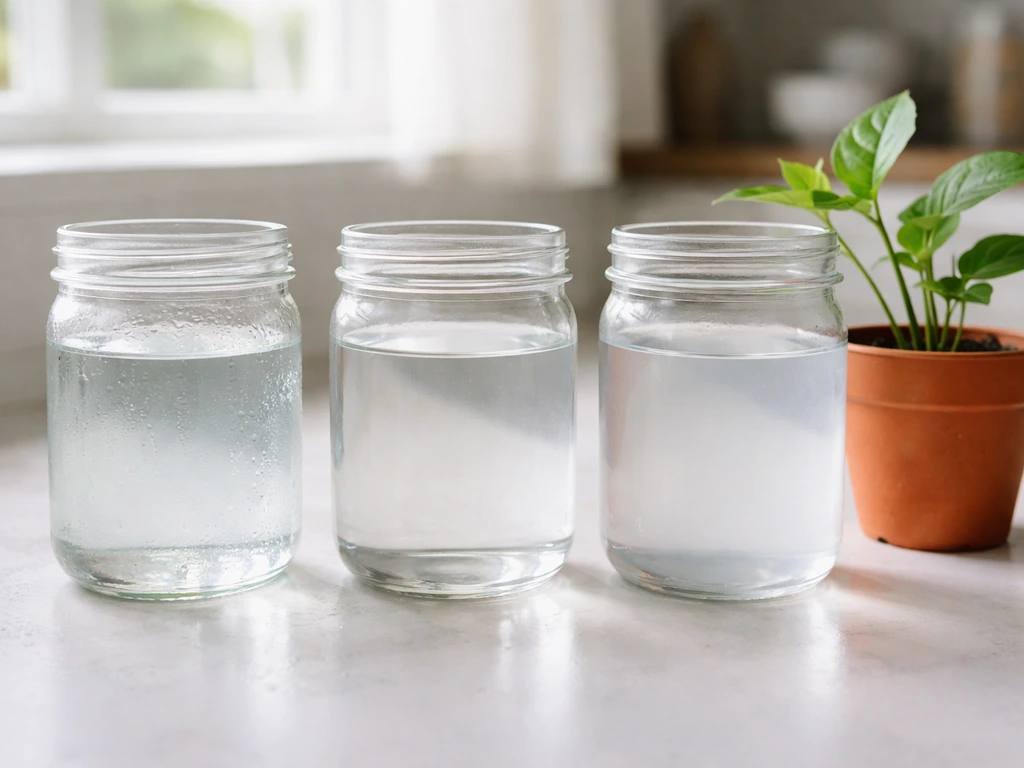 Minimal kitchen counter scene with three unlabeled containers showing rainwater and soft and hard tap water comparison.