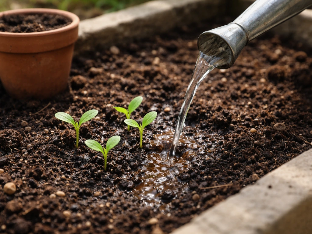 Close-up of garden soil with a watering can pouring near small seedlings, suggesting beer as fertilizer claim