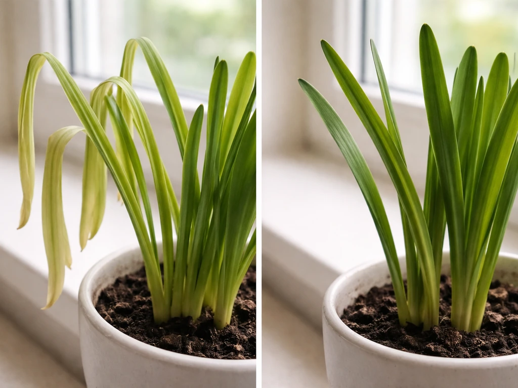 Pale, drooping paperwhite leaves next to healthy green leaves on a simple windowsill