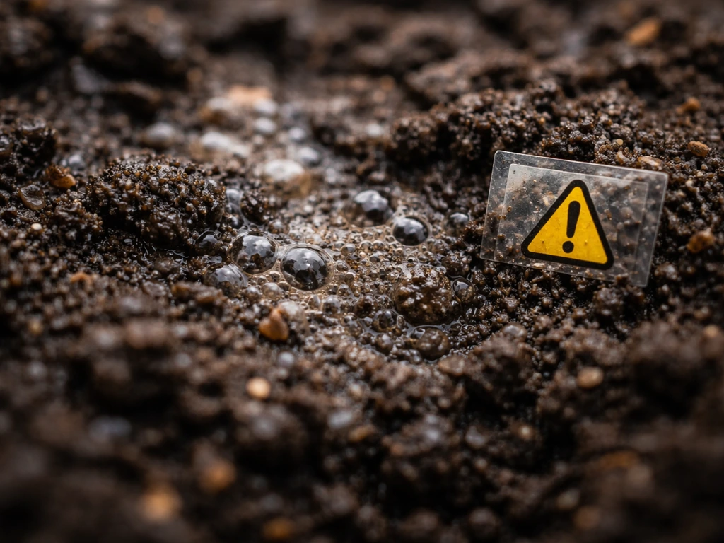 Closeup of moist soil with small bubbles, suggesting rapid microbial fermentation and oxygen depletion risk.