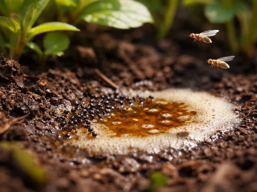 Ants and a couple fruit flies swarming a small spilled beer puddle near garden plants