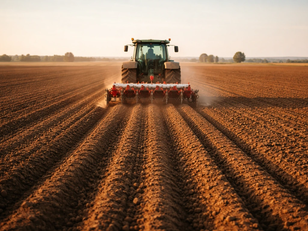 A tractor and seed drill sow seeds in furrows across a farm field during planting season.