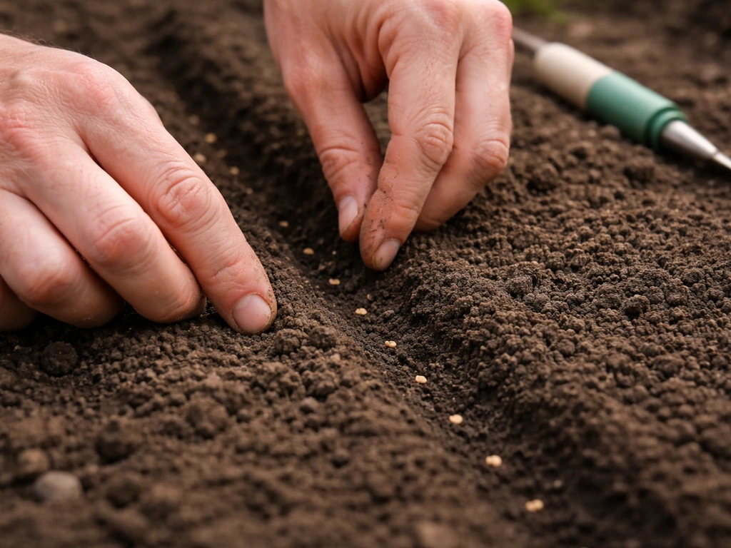 Hands sowing small seeds into prepared furrows in soil, showing realistic depth and spacing