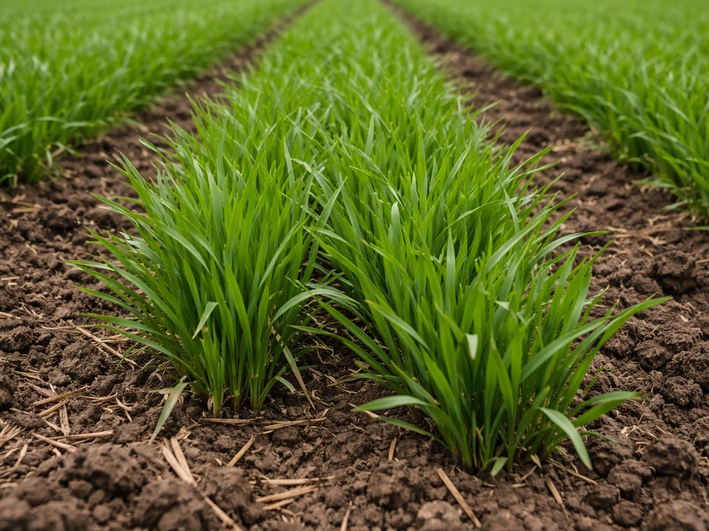 Dense winter rye cover crop growing in soil, textured blades showing a soil-improving field stand.