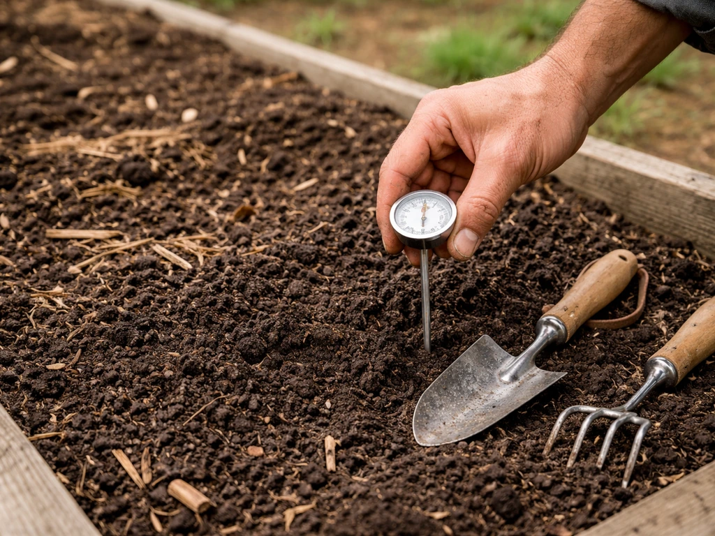 Farmer’s hand checking soil temperature next to prepared garden beds with mulch and compost