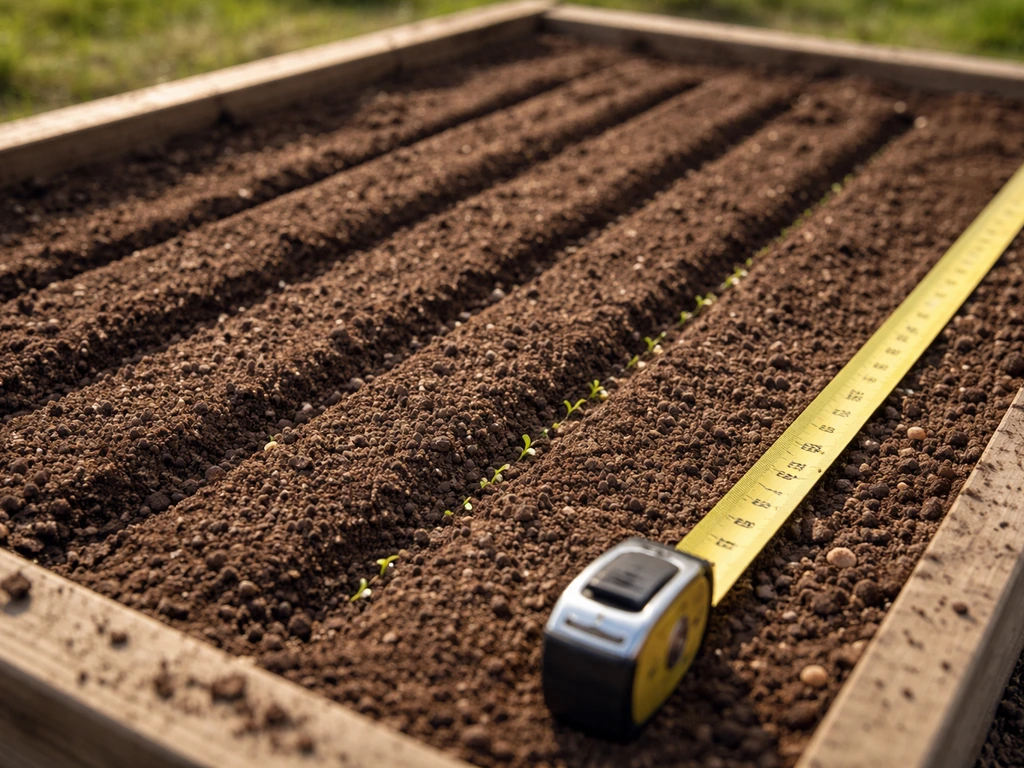 Raised garden bed with evenly spaced seed rows and a nearby tape measure for depth and spacing