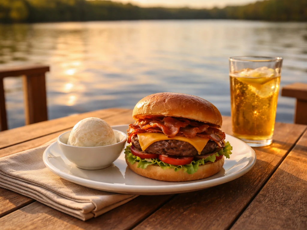 Lakeside patio table with a fresh burger and vanilla ice cream in warm sunny light.