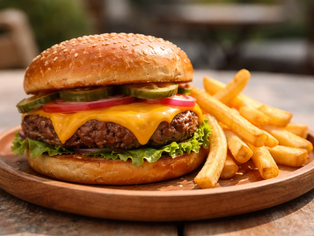 Close-up of a cheeseburger with melted cheese and a side of fries on a wooden plate.