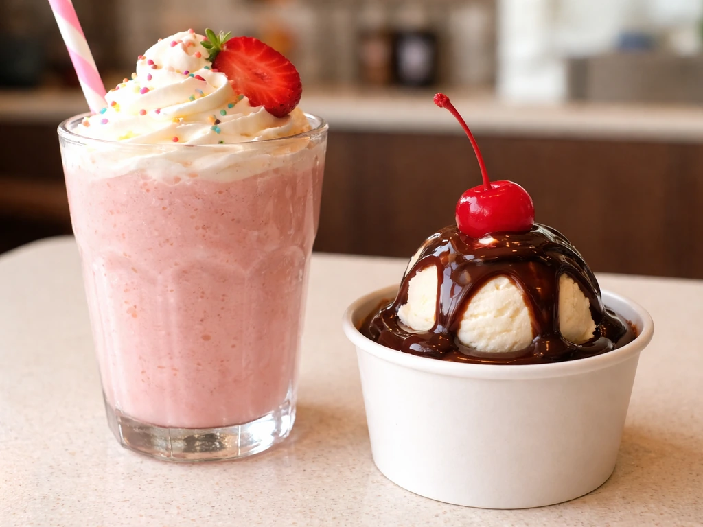A strawberry milkshake and chocolate sundae with fresh toppings in minimal close-up
