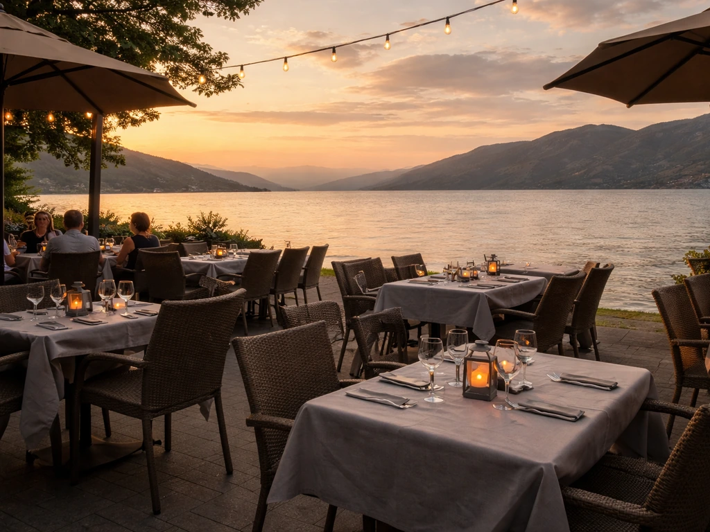 Lakeside patio dining with wide views of Penticton lake, relaxed casual atmosphere outdoors.