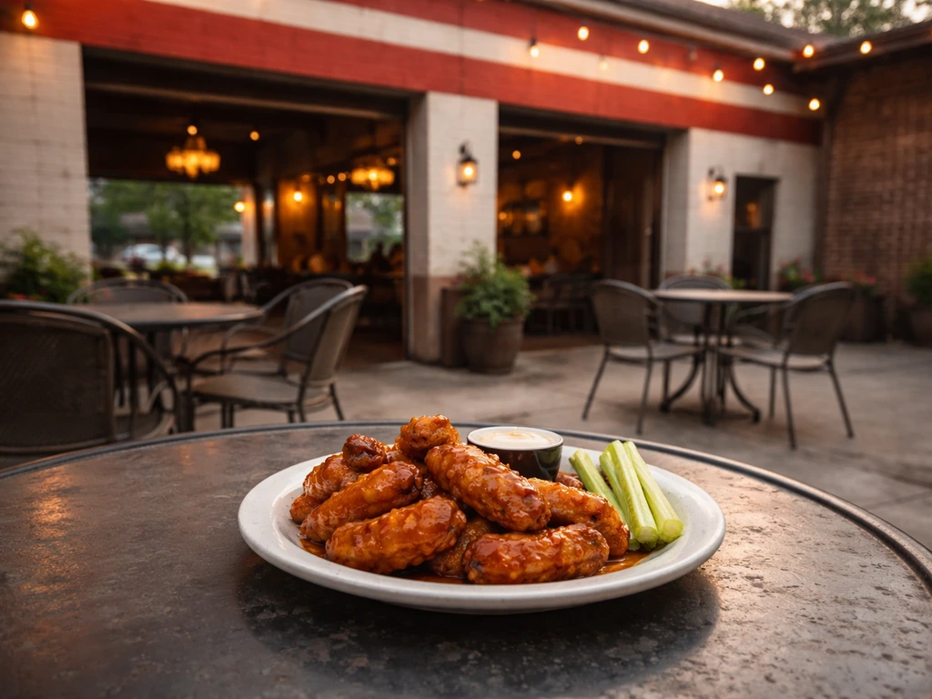 Saucy chicken wings on a patio table outside a converted vintage service-station pub.