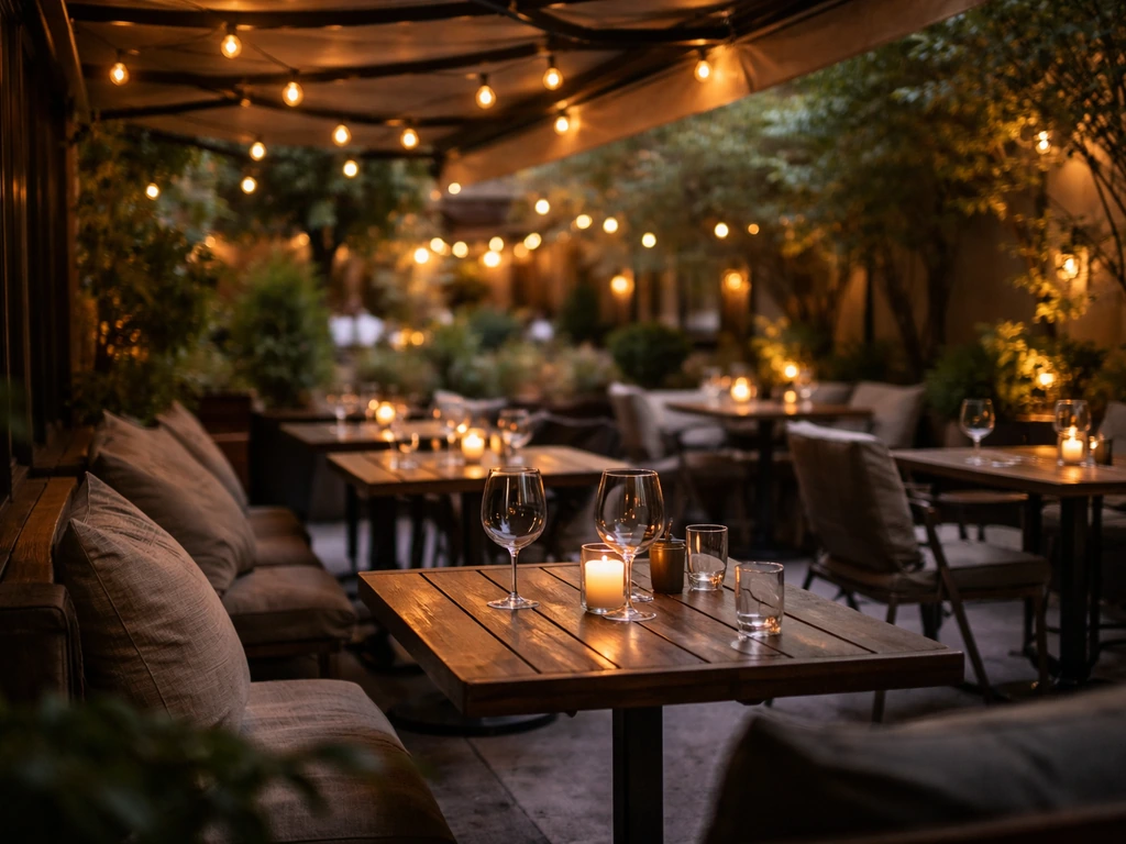 Intimate patio seating under partial shade with warm ambience viewed from a guest’s perspective.