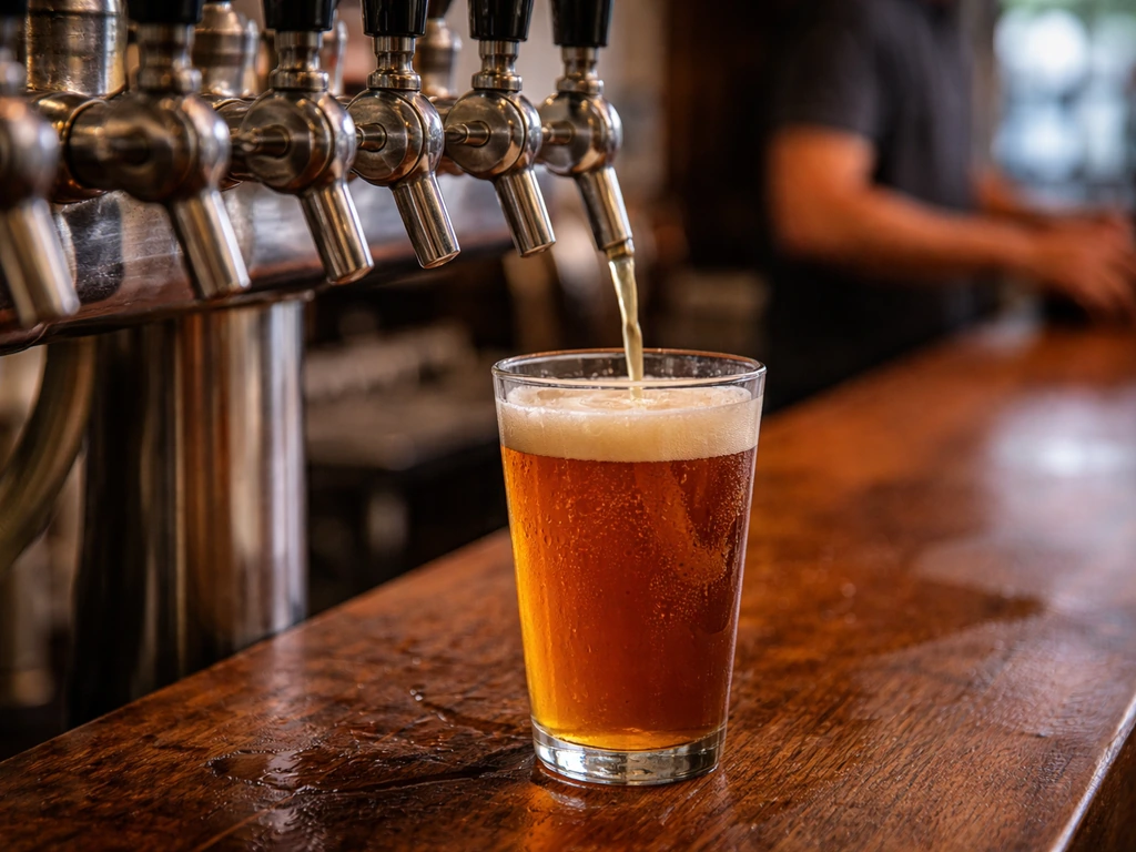 Close-up of a bar tap lineup with fresh draft beer being poured into a glass