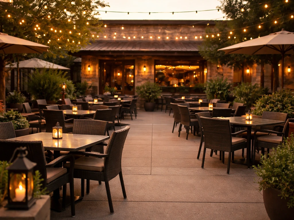 Warm evening view of CJ’s Patio Grill patio with inviting outdoor seating and string lights