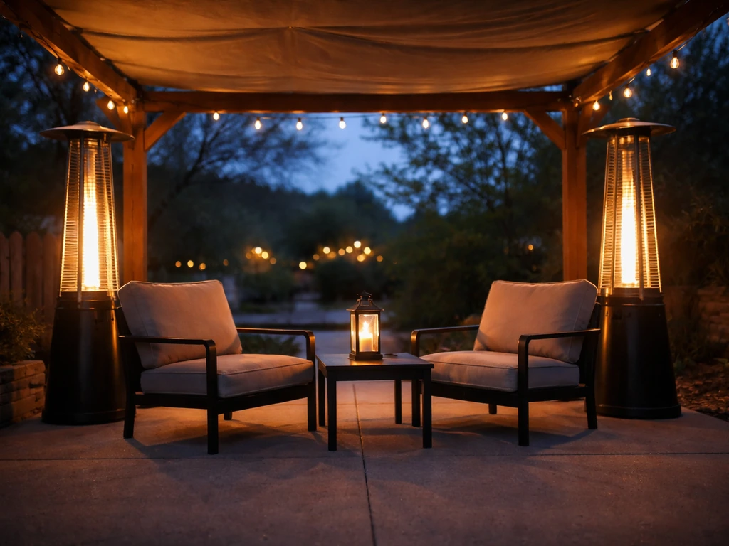 Cozy covered patio at dusk with warm patio heaters and soft evening ambiance