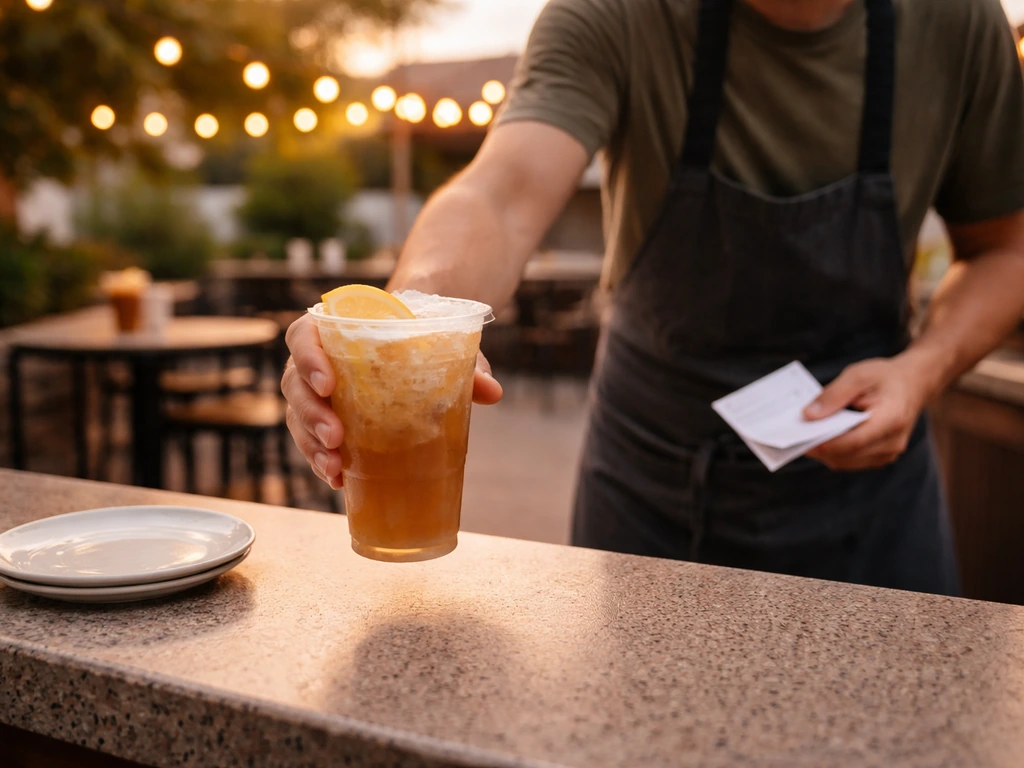 Anonymous server hands a drink across a patio counter while holding blank receipts; warm evening lights blur behind.