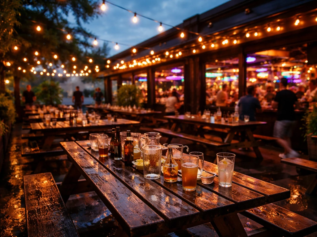 Warm dusk wide shot of Patio Rudy’s outdoor patio with communal tables and lively sports-bar vibe
