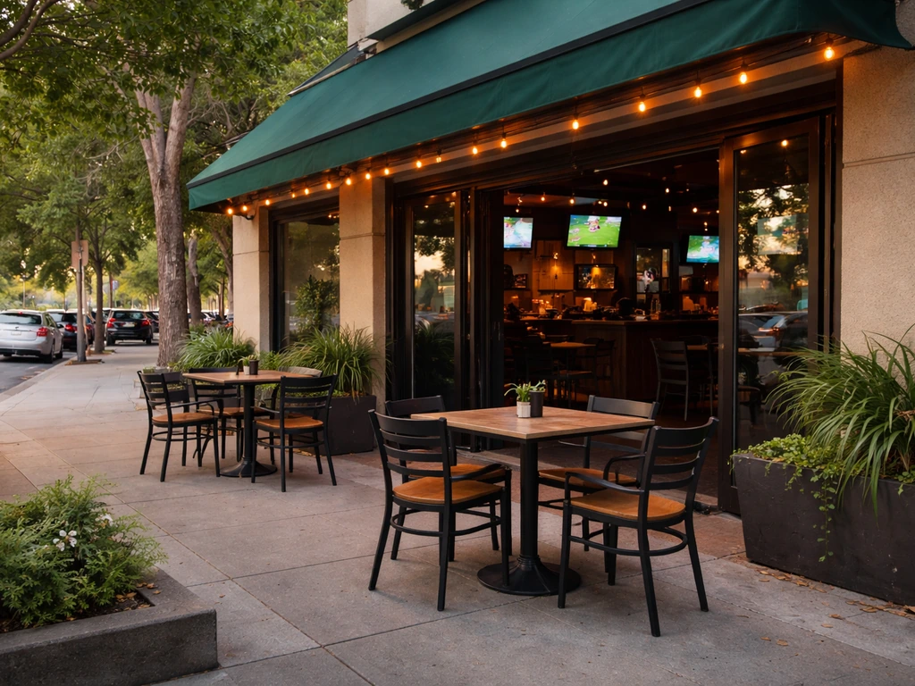 Street-level exterior showing the outdoor patio and entrance of a sports bar in Palo Alto.