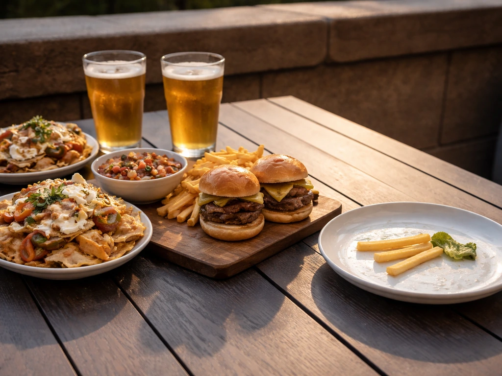 Patio table with shareable sliders, nachos, salsa, and beers alongside an untouched plate as a contrast.