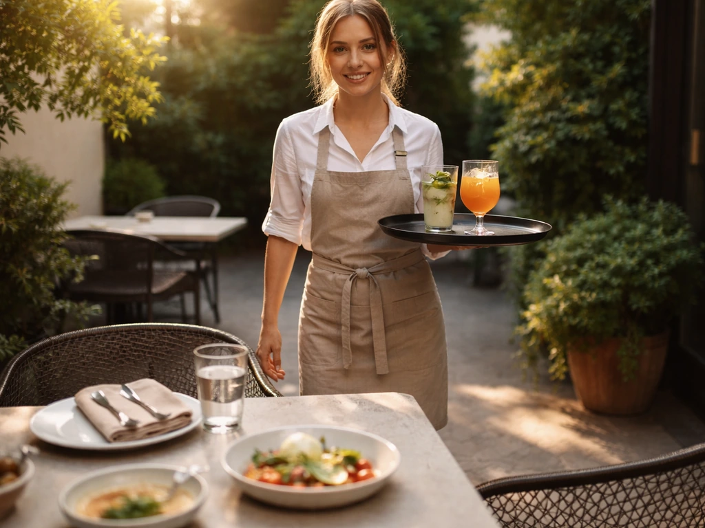 Server carrying drinks to a patio table with appetizers, warm natural light, simple restaurant setting.