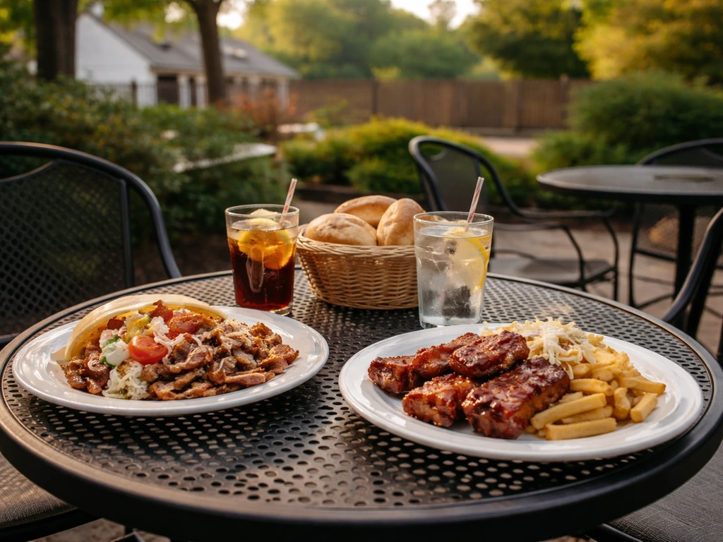 Casual outdoor patio dining setup with plates and drinks in a laid-back neighborhood grill vibe.