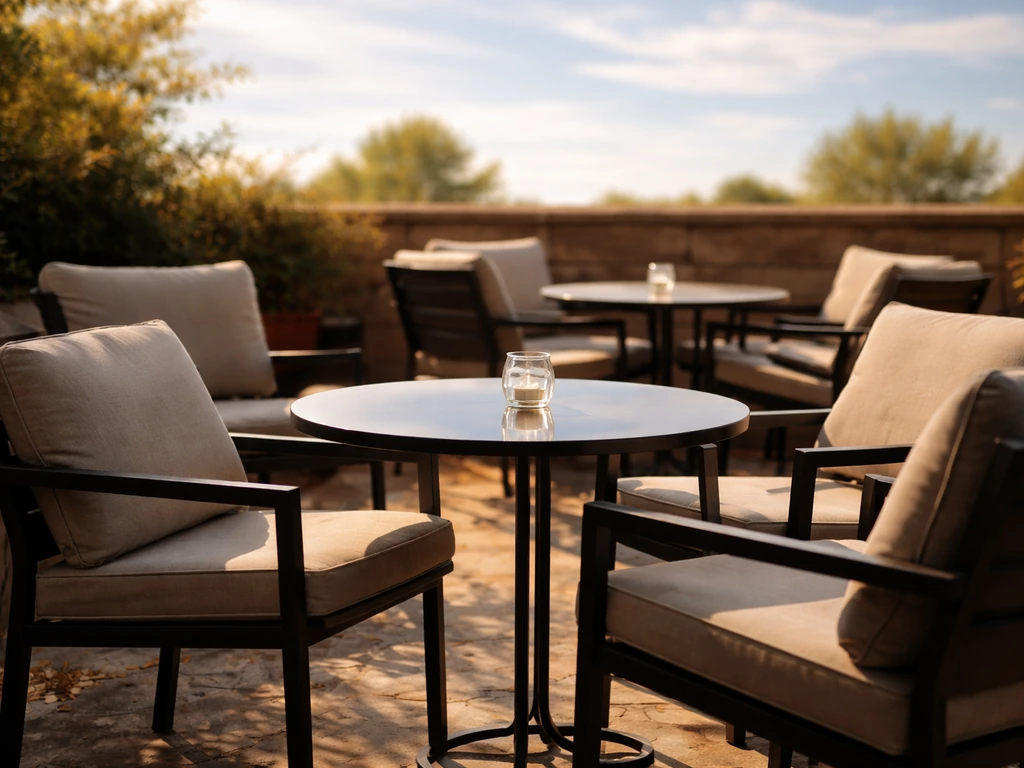Weather-permitting patio with neatly spaced outdoor chairs and a small table in natural evening light.