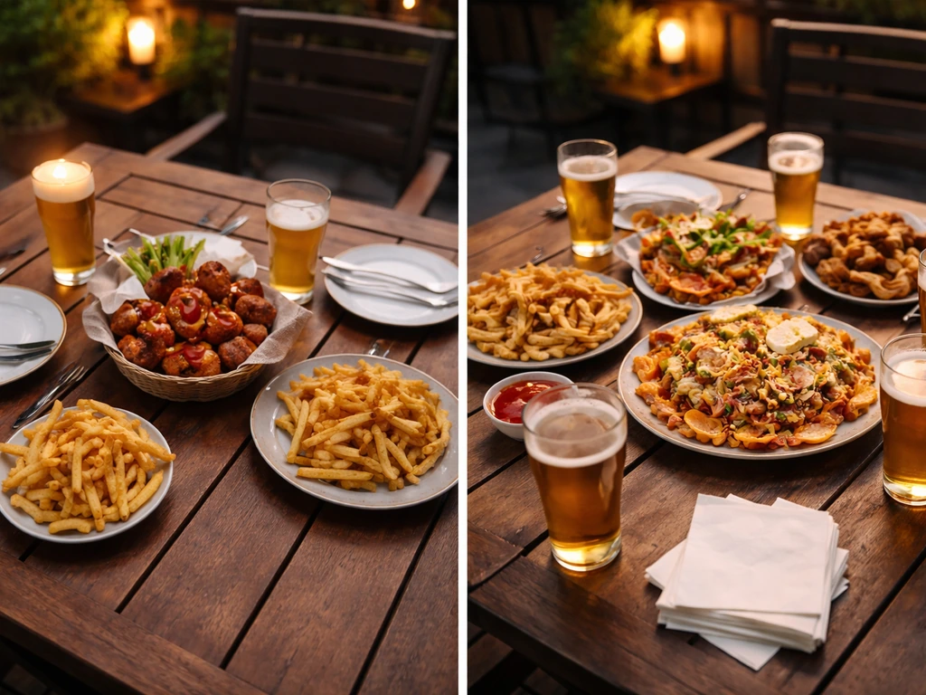 Side-by-side patio tables: date-night shareable wings and beer vs a group casual spread on empty tables.