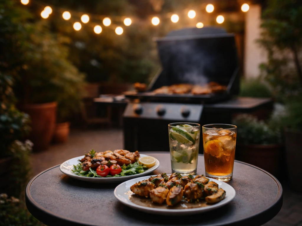 Warm outdoor patio bistro grill with smoke, plates of appetizers, and drinks on a table at night.