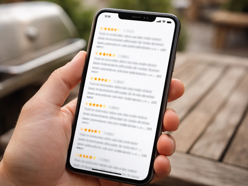 Close-up of a smartphone showing a few blurred review-style snippets with star ratings and times