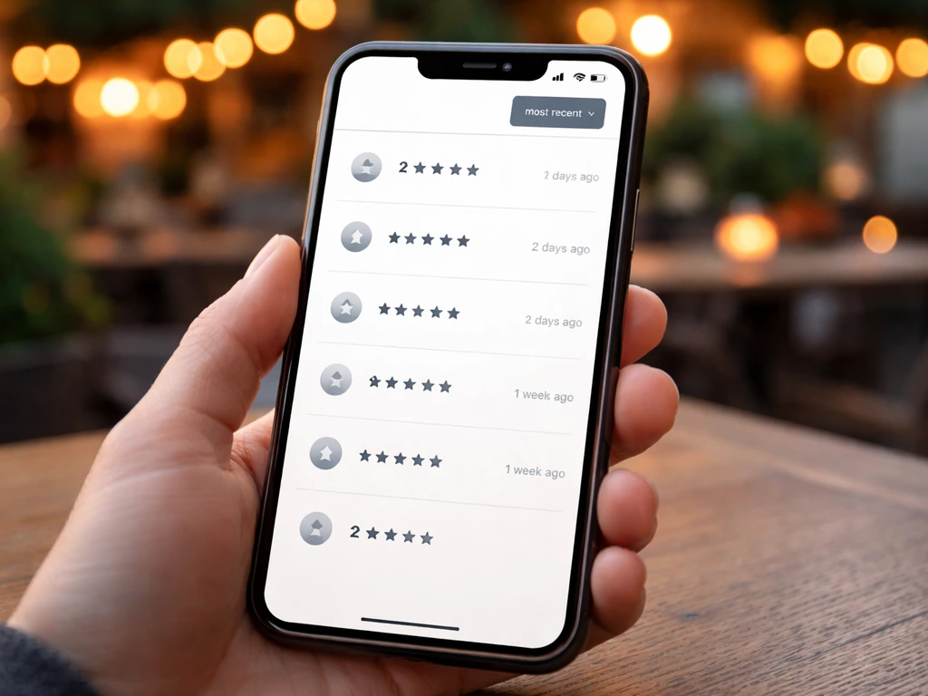 Close-up of a phone displaying restaurant reviews sorted by most recent, with visible time stamps.